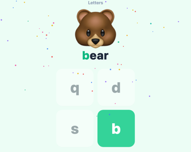 Letters after a correct guess: "bear" spelled out, confetti falling.