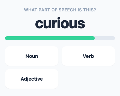 Word Spotter mid-game: the word "curious", with Noun, Verb, and Adjective to choose from.