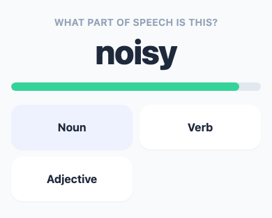 Word Spotter mid-game: the word "noisy", with the same three choices.