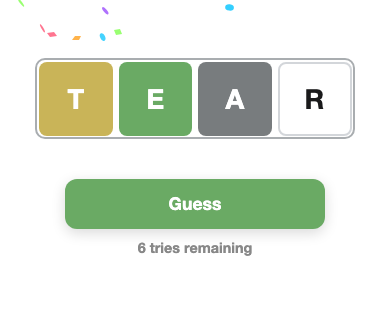Wordie after a correct guess: TEAR spelled out, confetti falling.