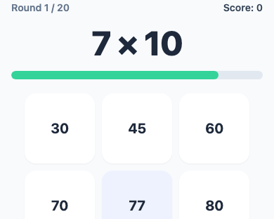 X Blitz mid-game: 7 x 10, with nine possible answers in a 3 by 3 grid.